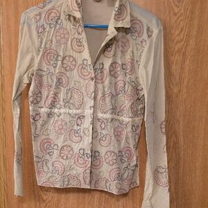 J. Jill Cream and Brown Embroidered Blouse